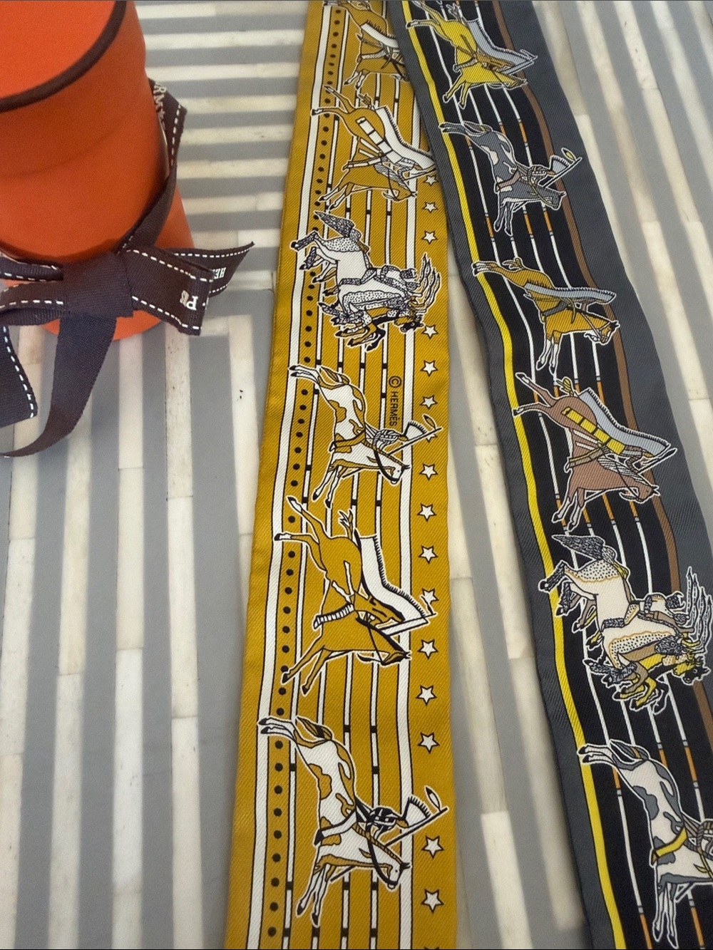 Hermes Yellow and Black Native American Equestrian twilly thin scarf